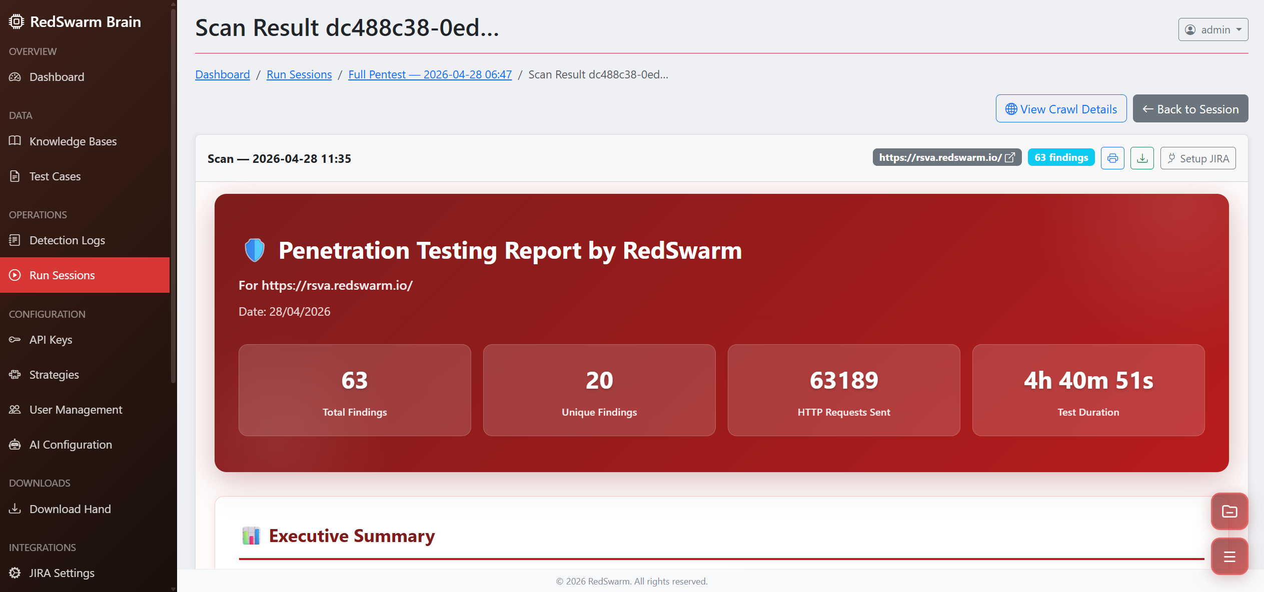 Findings Report — RedSwarm platform screenshot